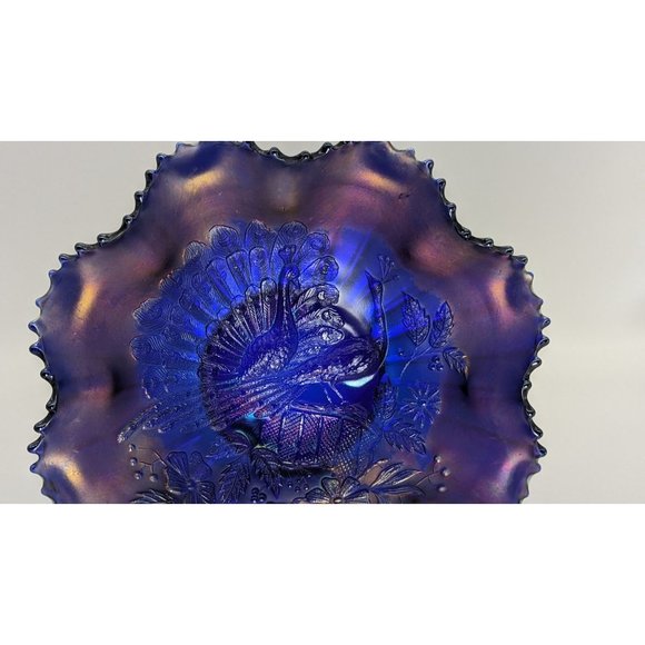 Vintage Northwood Peacocks on Fence Electric Blue Bowl Ruffle Sawtooth - Picture 9 of 16